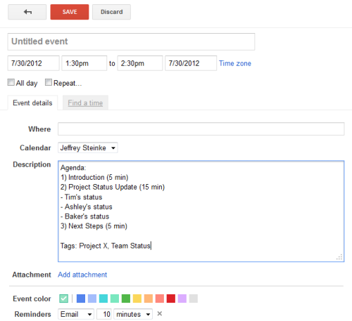 agenda and tags in google calendar